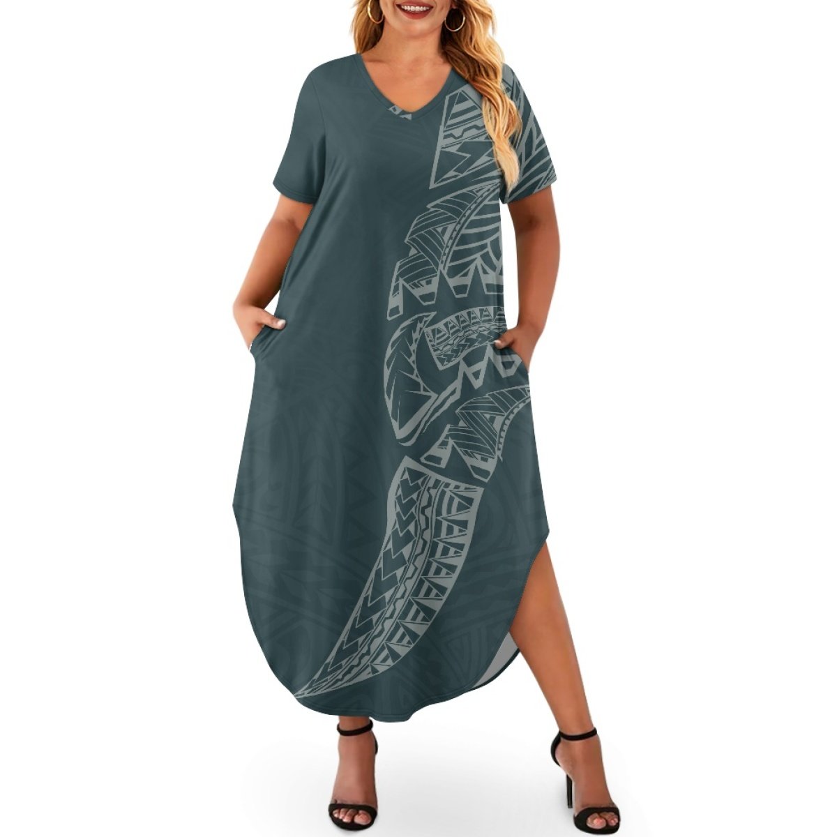 Pasifika Fashion Women's Short Sleeve Plus Size Dress Custom Printing On Demand Loose Women's Casual Dress