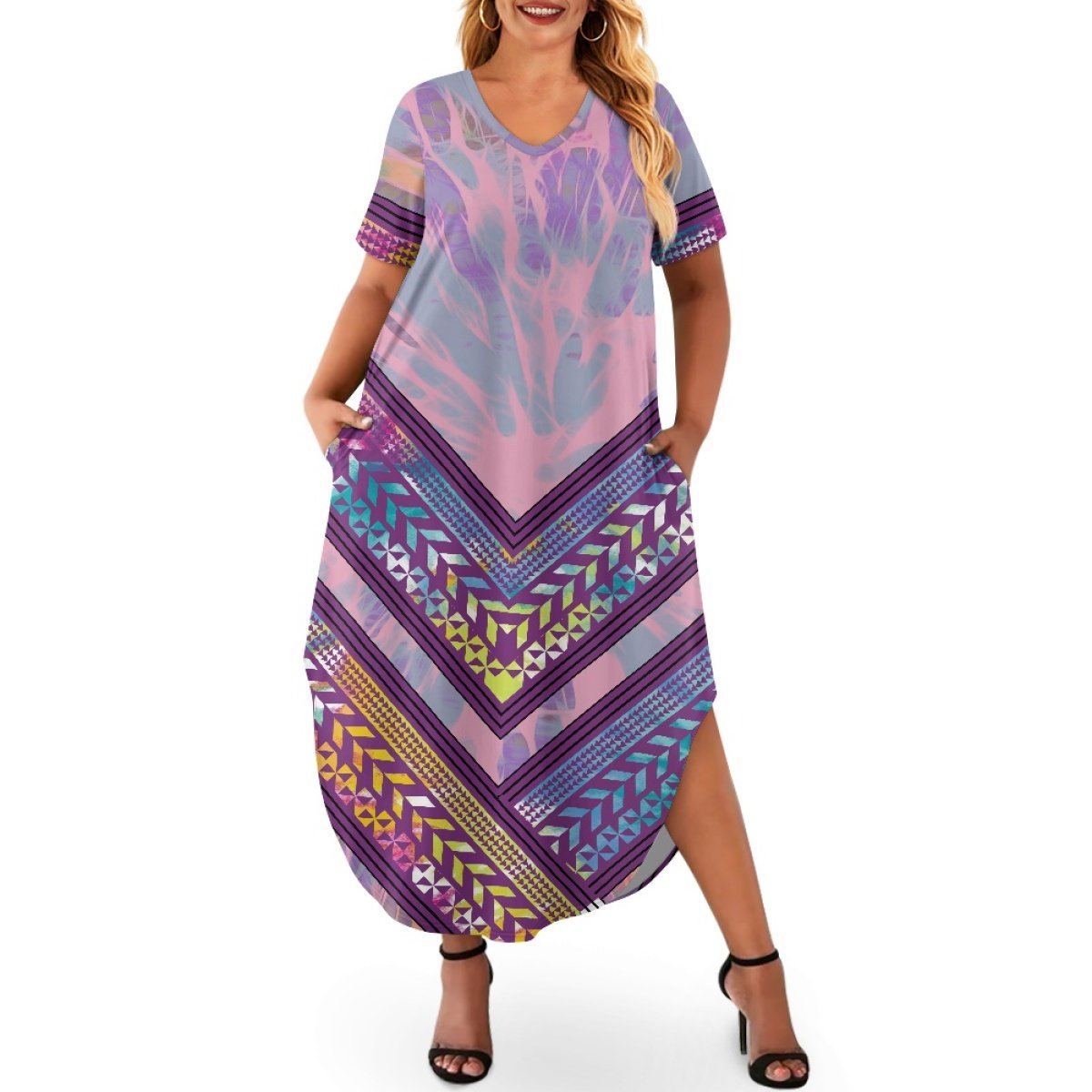 Pasifika Fashion Women's Short Sleeve Plus Size Dress Custom Printing On Demand Loose Women's Casual Dress