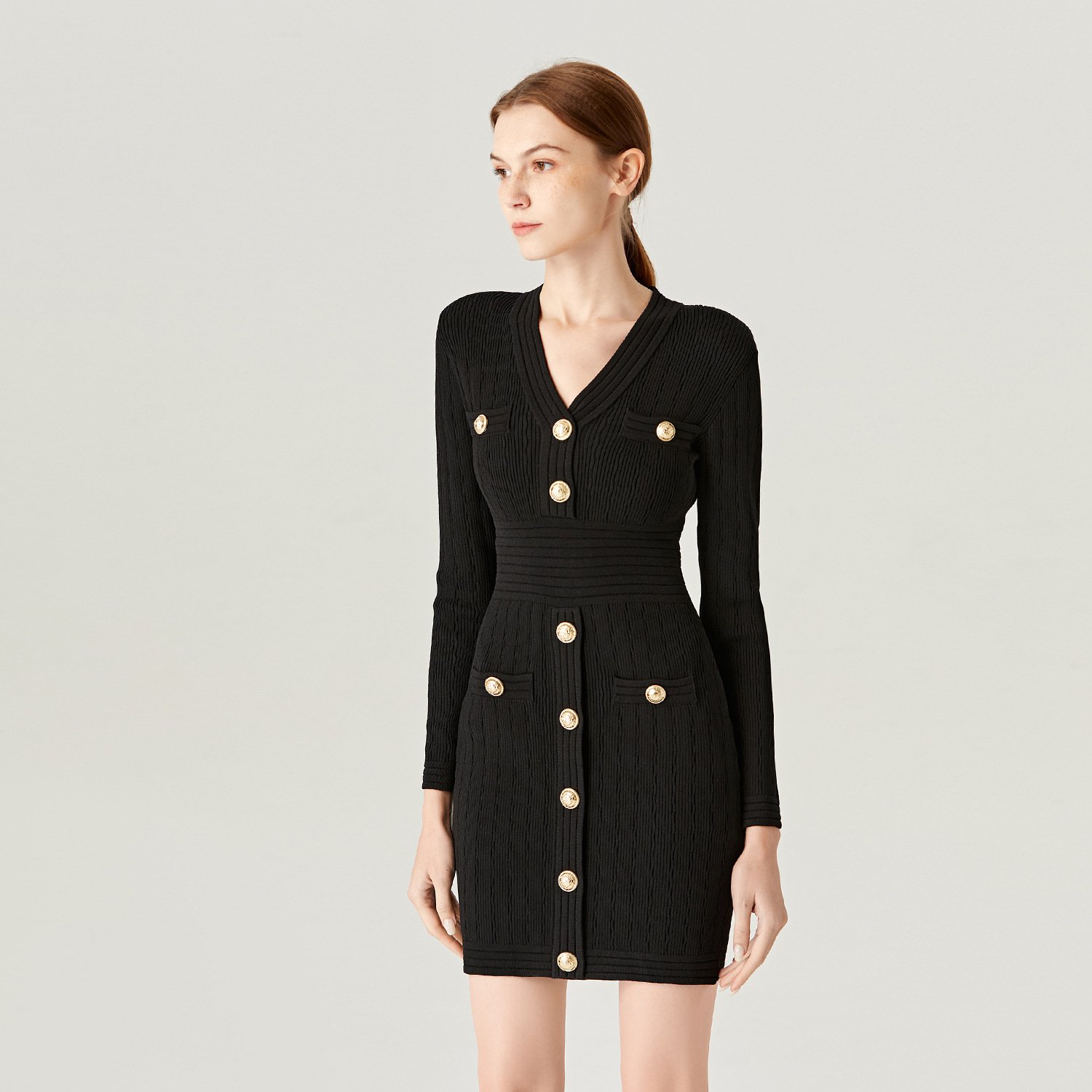 Soiling Hot selling fall winter long sleeve v neck balmainn one step skirts office short knit graceful dress with button
