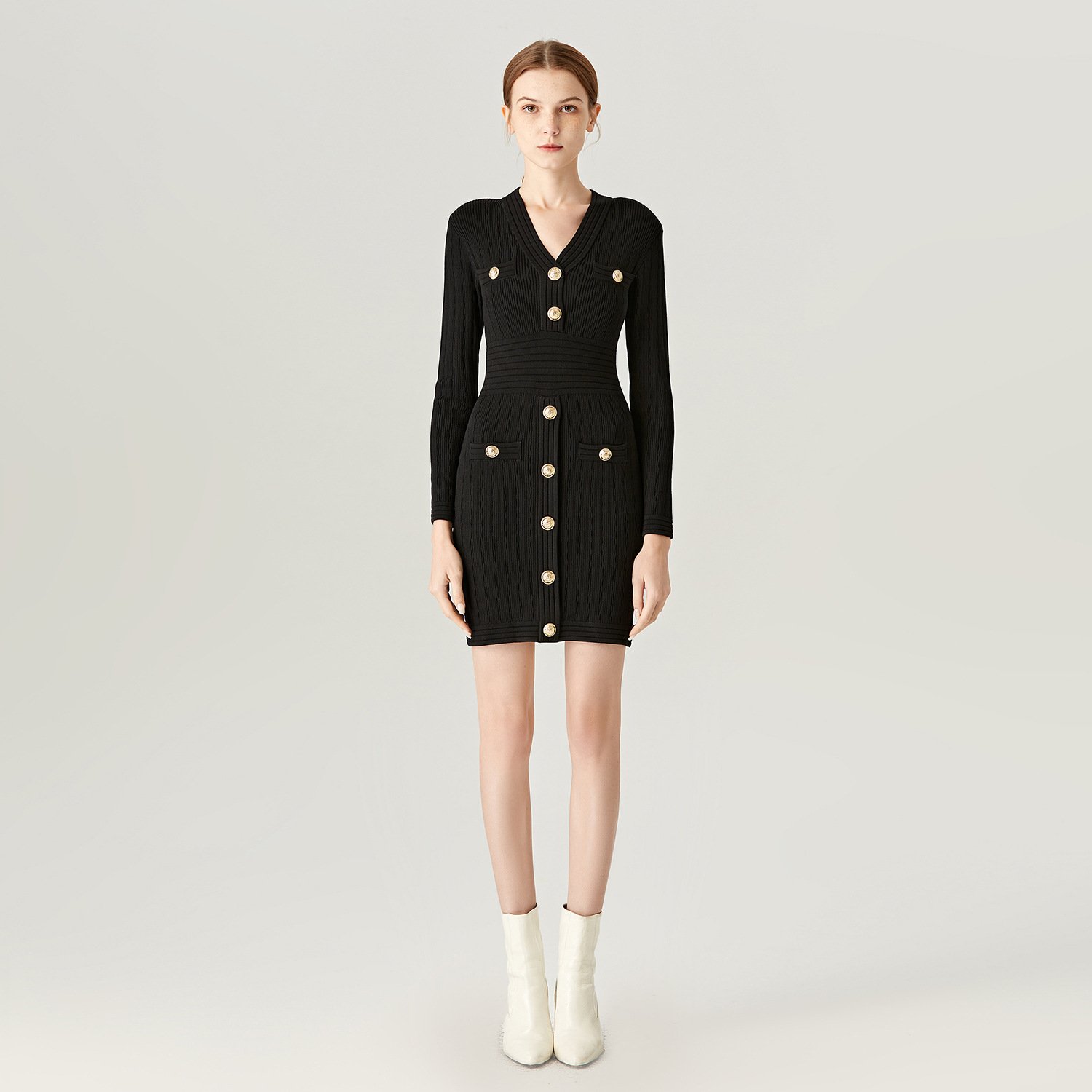 Soiling Hot selling fall winter long sleeve v neck balmainn one step skirts office short knit graceful dress with button