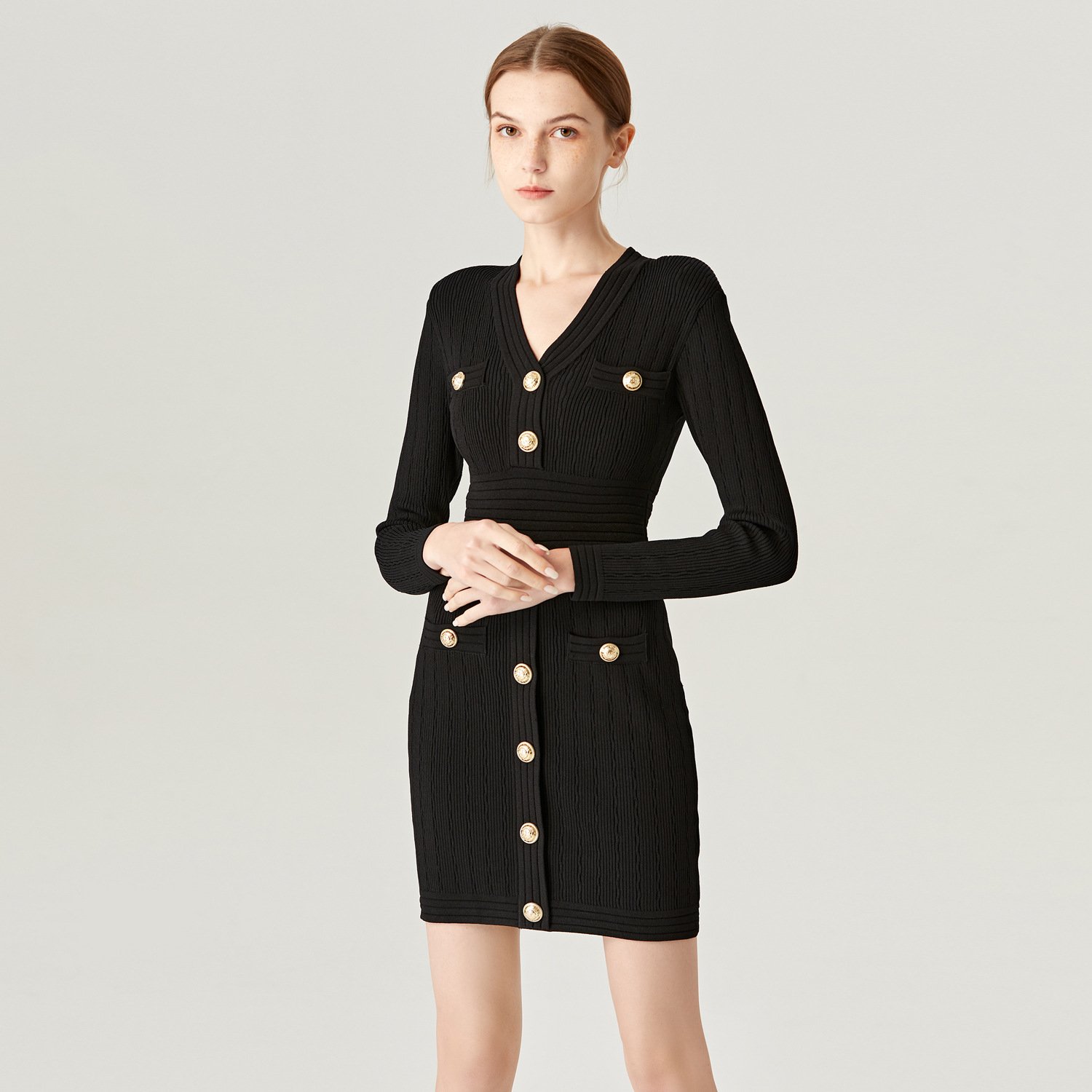 Soiling Hot selling fall winter long sleeve v neck balmainn one step skirts office short knit graceful dress with button
