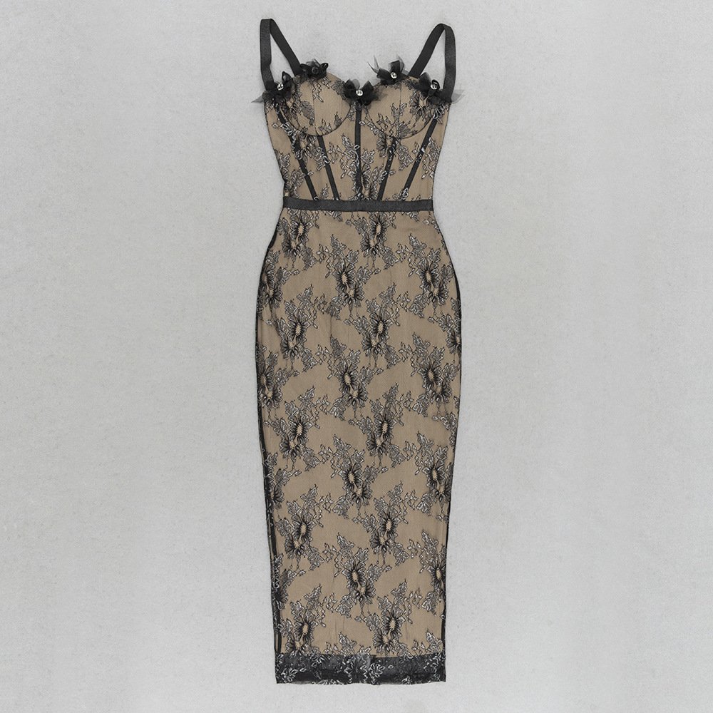 2024 Elegant Female V Low Cut Slimming Sleeveless Lace Edge Tight Casual Long Bag Buttock Dress