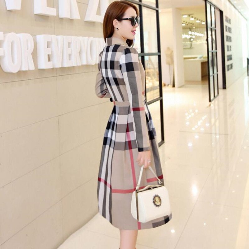 Wholesale fashion Elegant A-Line Plaid Long Sleeve Dress Women Casual Cotton Plaid Print Belted Dress Women