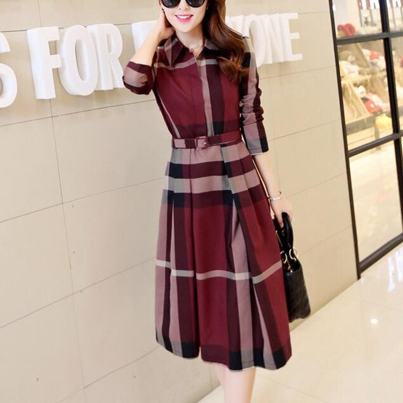 Wholesale fashion Elegant A-Line Plaid Long Sleeve Dress Women Casual Cotton Plaid Print Belted Dress Women