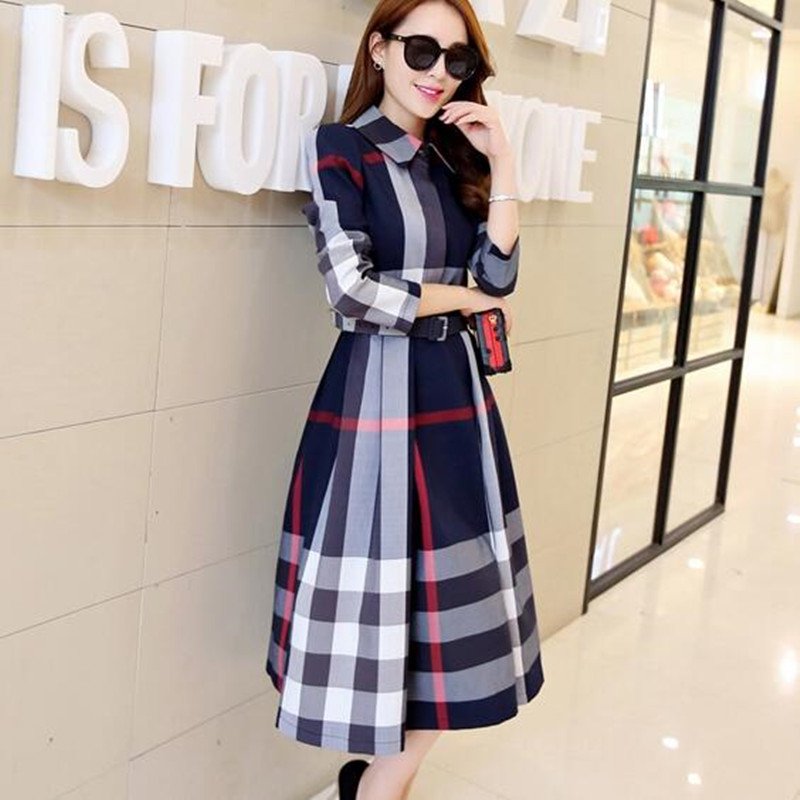 Wholesale fashion Elegant A-Line Plaid Long Sleeve Dress Women Casual Cotton Plaid Print Belted Dress Women