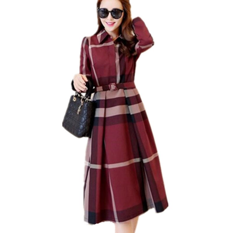 Wholesale fashion Elegant A-Line Plaid Long Sleeve Dress Women Casual Cotton Plaid Print Belted Dress Women