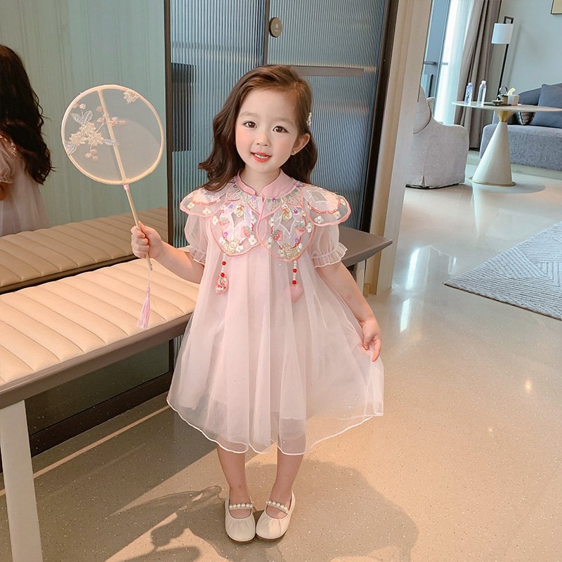 Sweet Chinese Style A-Line Dress Kids Girls Toddler Short Puff Sleeves Embroidery Petal Flower Floral O-Neck Summer dress