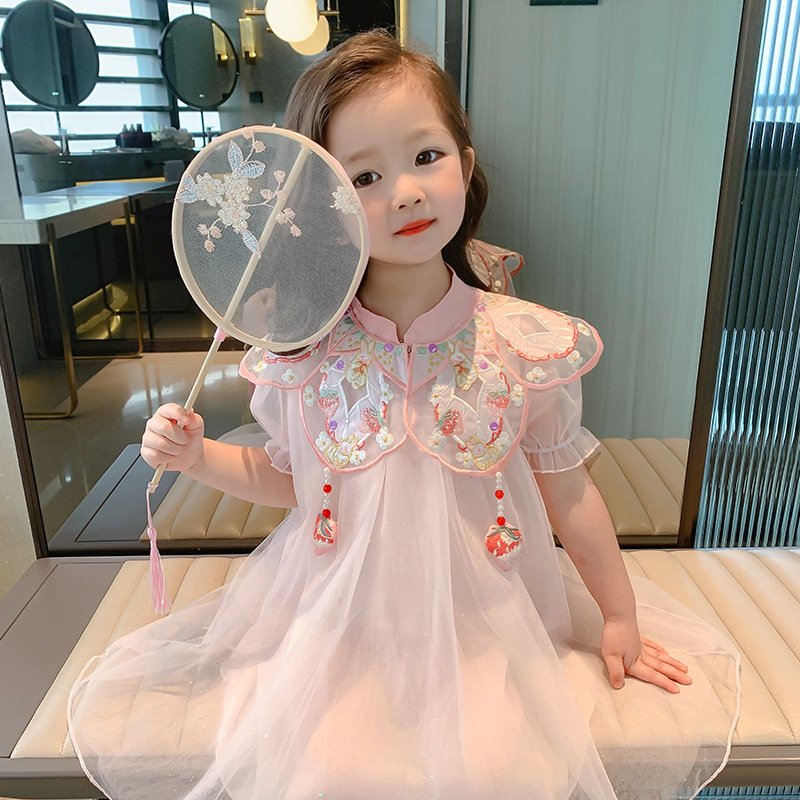 Sweet Chinese Style A-Line Dress Kids Girls Toddler Short Puff Sleeves Embroidery Petal Flower Floral O-Neck Summer dress