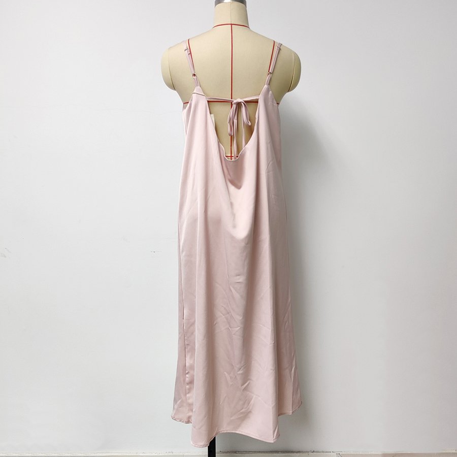 Summer High Quality Backless Sleeveless Casual Pure Color Elegant Silk Dress Evening Satin Dress For Women