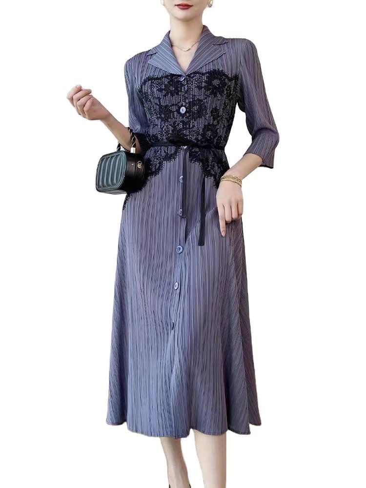 Elegant V-neck black pleated dress natural waist V-neck office lady's straight sleeve summer lace casual dress