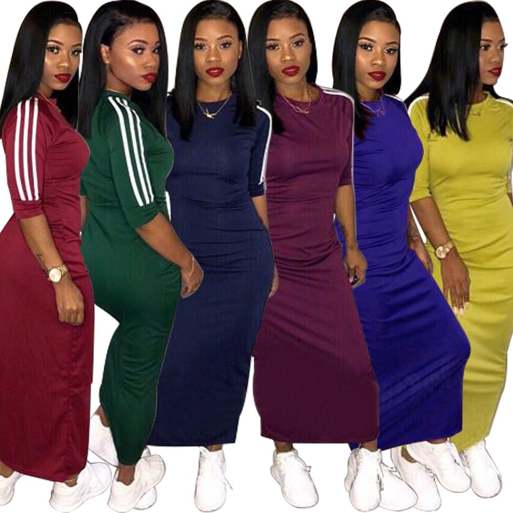Spring Casual Solid Maxi bodycon Dress Ladies O-neck Lengthen stripe Sleeve Skinny Lounge wear Elegant Women Dress