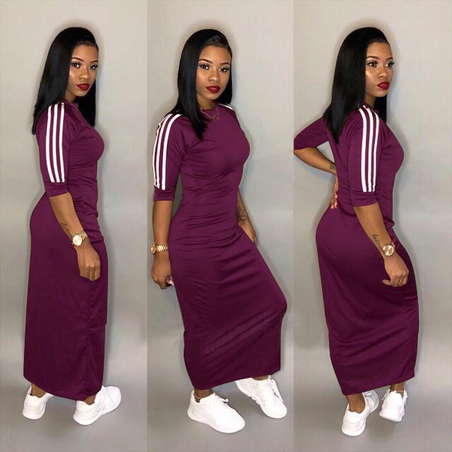 Spring Casual Solid Maxi bodycon Dress Ladies O-neck Lengthen stripe Sleeve Skinny Lounge wear Elegant Women Dress