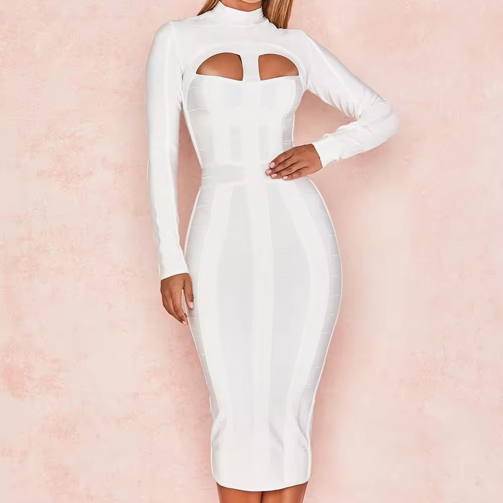 Ocstrade Vestido Products On Sale Cut Out Long Sleeve Bandage Dress Hogh Quality Bodycon Elegant Mid Length Casual Dress White