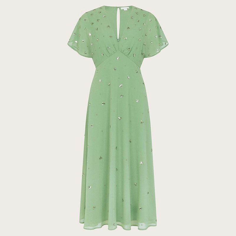 Custom Sequin Embellished Dress V-Neck Elegant Chiffon Dress for Women Green Casual Party Style with Sequin Embellishment