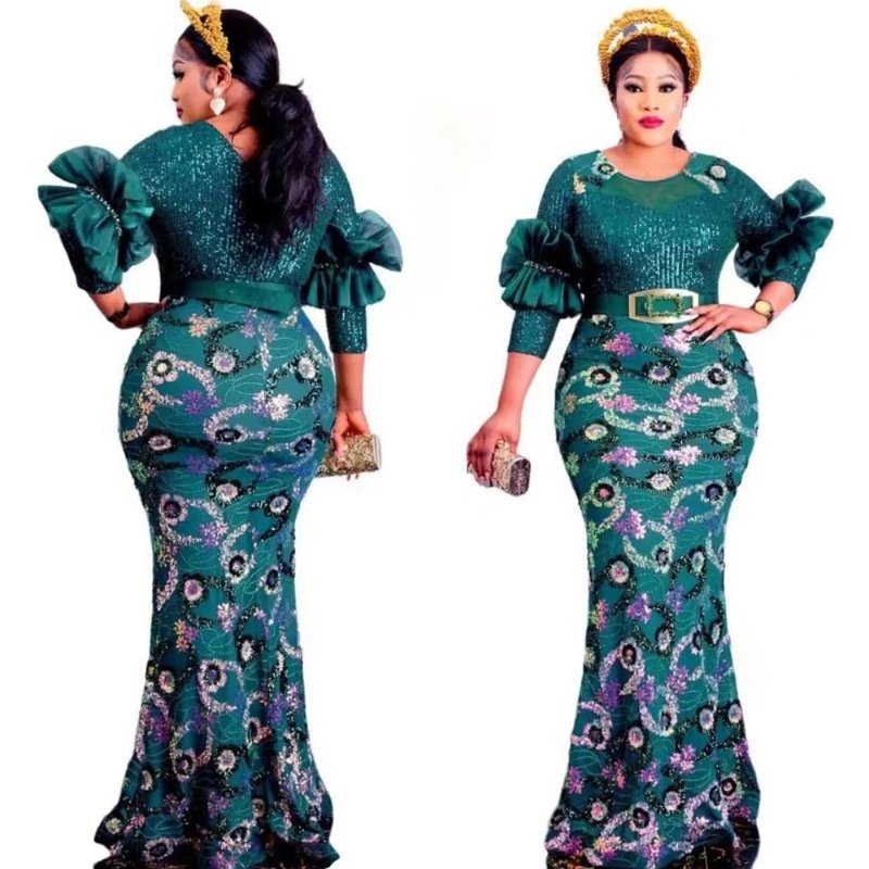 African Dresses for Women 2022 New Elegant Evening Dresses Plus Size Sexy Slim Wedding Mermaid Gown Party Clothes with Belt