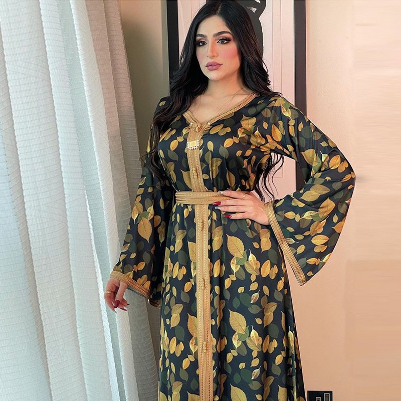 Middle East Dubai printed belt long dress women's jalabiya autumn Muslim women's dress
