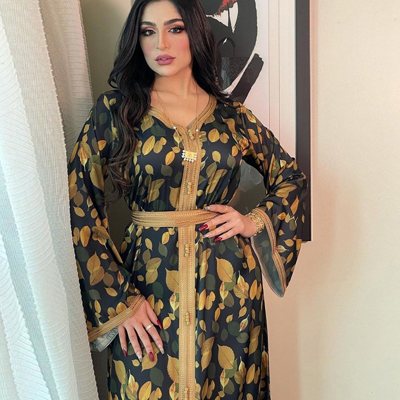 Middle East Dubai printed belt long dress women's jalabiya autumn Muslim women's dress