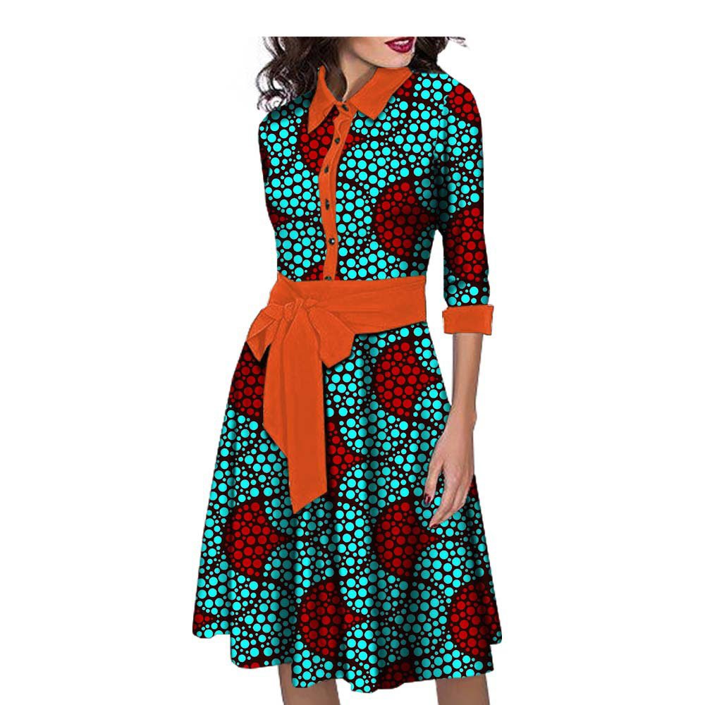 African Wax Cotton Fabric Clothing Casual Dresses Women Lady Elegant Summer Bow Tie Dress For Women