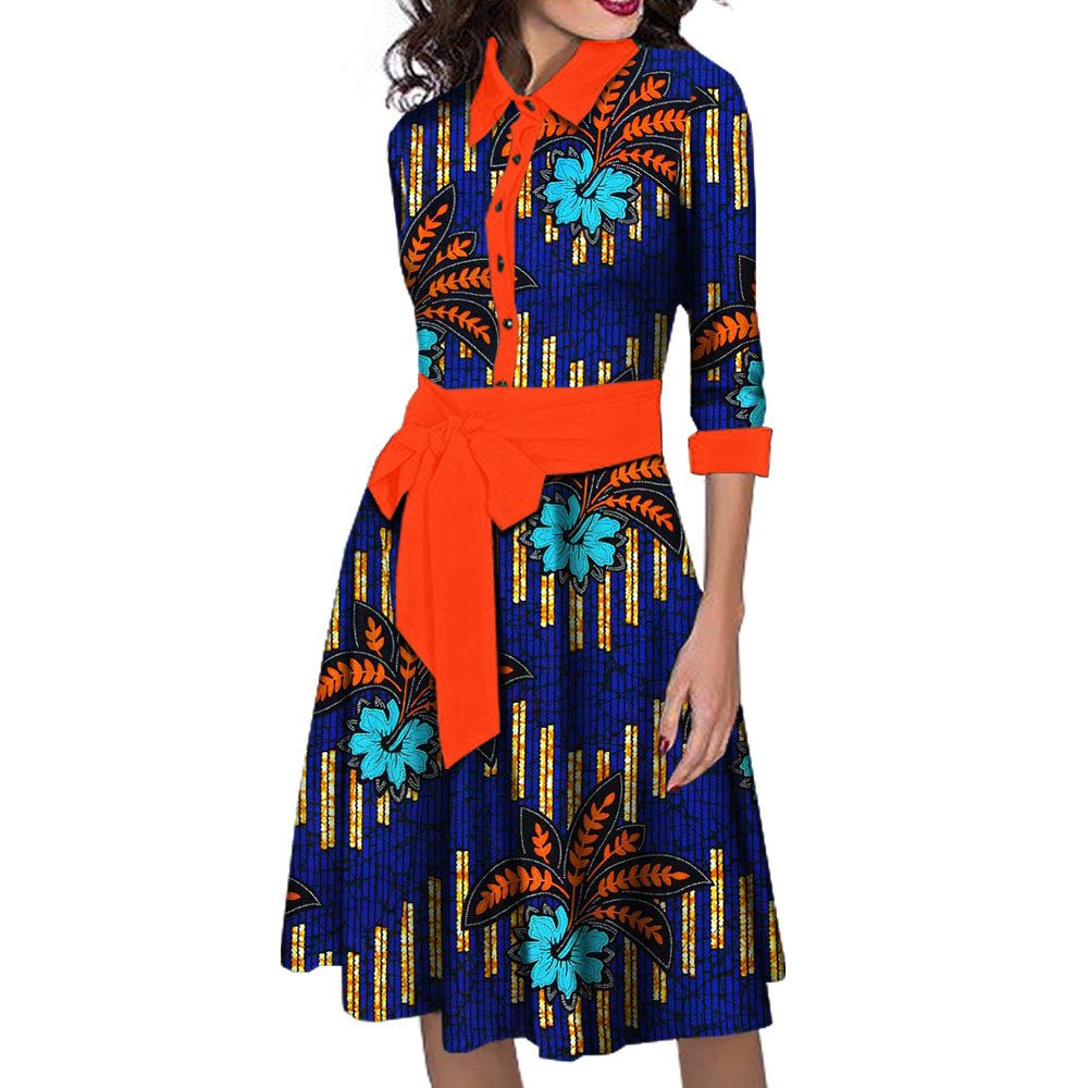 African Wax Cotton Fabric Clothing Casual Dresses Women Lady Elegant Summer Bow Tie Dress For Women