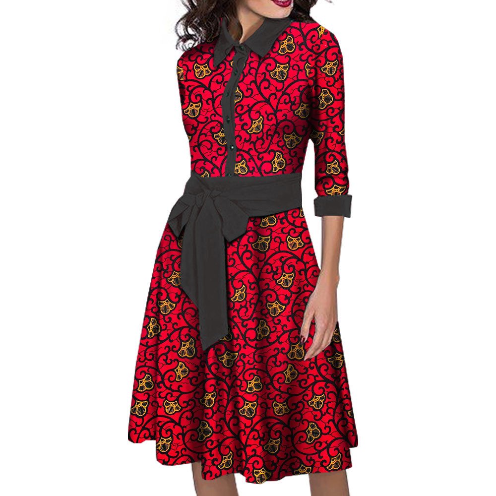 African Wax Cotton Fabric Clothing Casual Dresses Women Lady Elegant Summer Bow Tie Dress For Women
