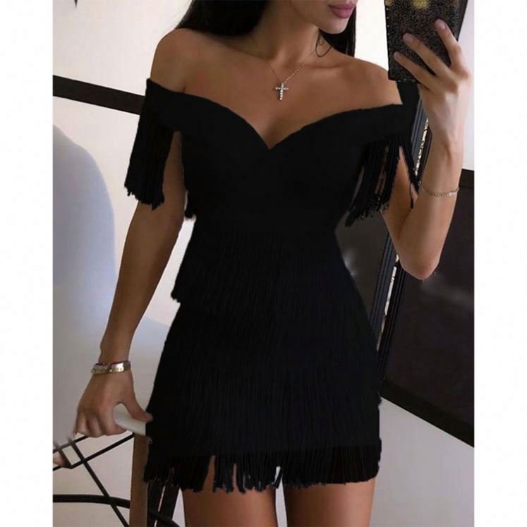 Hot Mini Party Wear Summer Tassel Sleeveless Black Cotton Bodycon Dress Women