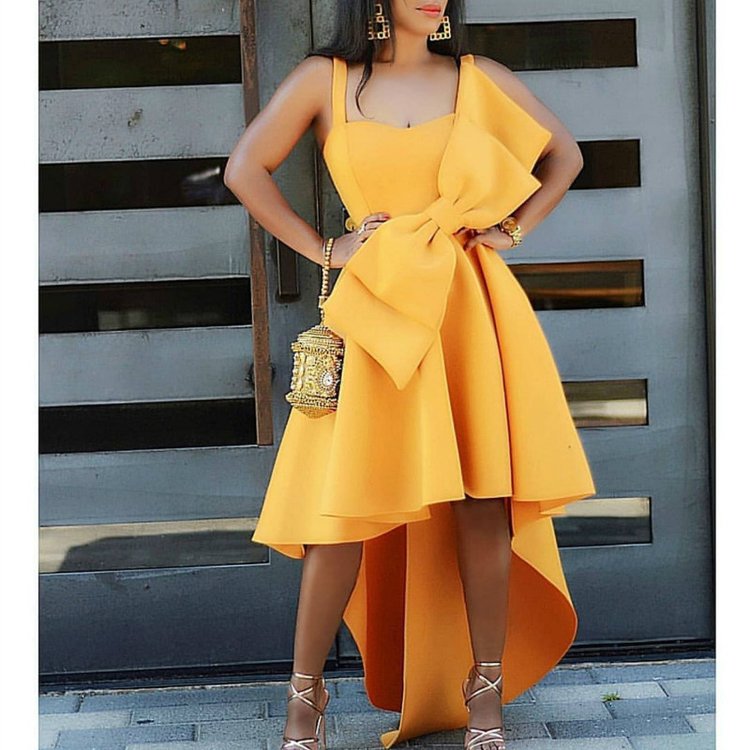 New arrival summer women short front long back irregular high waist zipper large size ruffle yellow evening party dress
