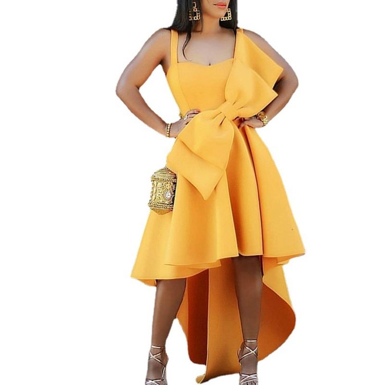 New arrival summer women short front long back irregular high waist zipper large size ruffle yellow evening party dress