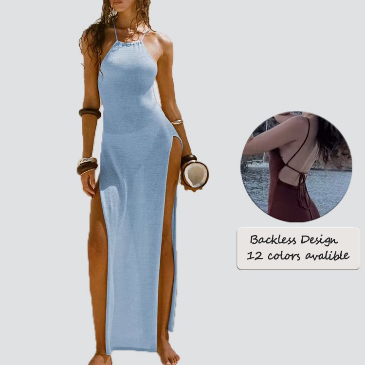 2024 New Popular High Slit Slip Beautiful Back Knitted Dress See Through Beach Dress Vacation Style Long Solid Cotton Summer
