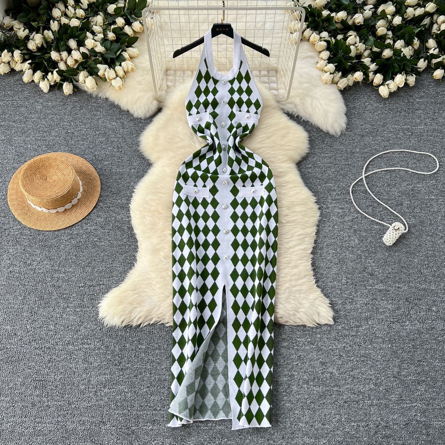 GX8595 Fashion Women's Halter V-Neck New Mature Lady Sexy Knitted Dresses Sleeveless Colorful Patchwork Elegant Long Dress