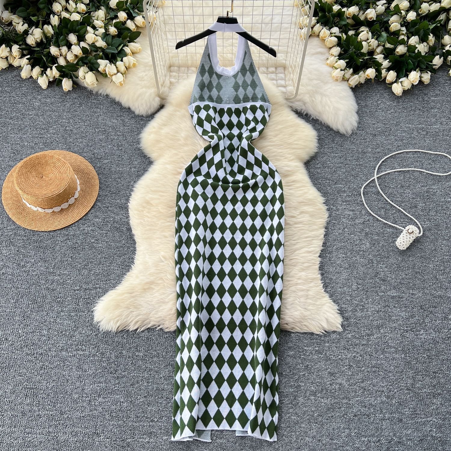 GX8595 Fashion Women's Halter V-Neck New Mature Lady Sexy Knitted Dresses Sleeveless Colorful Patchwork Elegant Long Dress