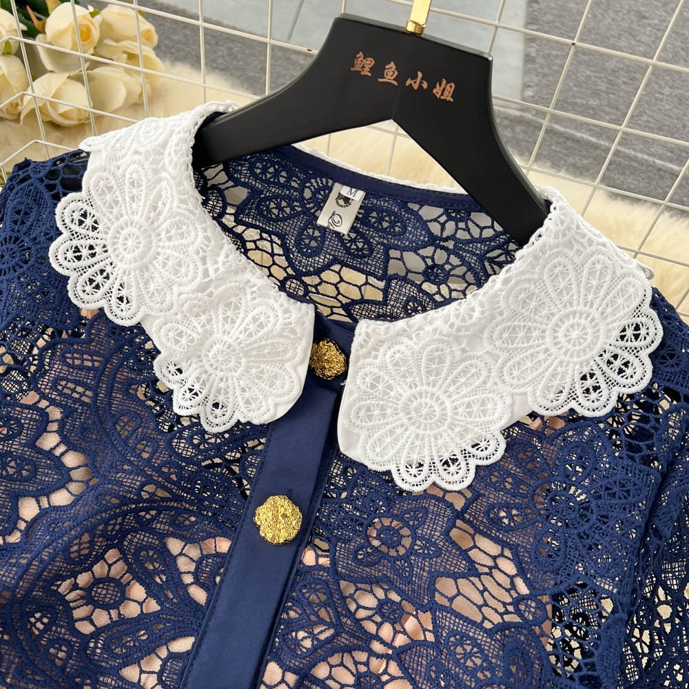 Wholesale 2023 Summer New High Grade Lace Contrast Doll Neck Elegant Temperament Slim Women's Dress