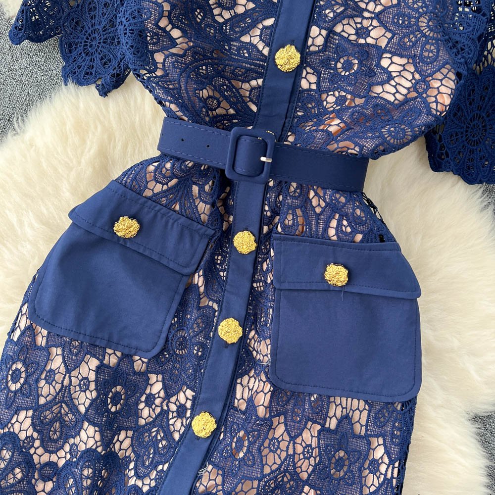 Wholesale 2023 Summer New High Grade Lace Contrast Doll Neck Elegant Temperament Slim Women's Dress
