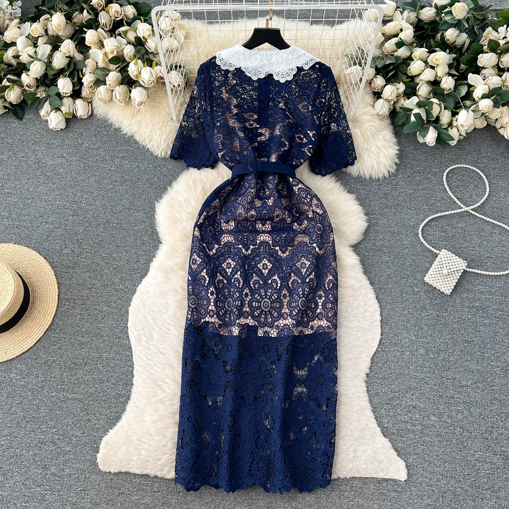 Wholesale 2023 Summer New High Grade Lace Contrast Doll Neck Elegant Temperament Slim Women's Dress