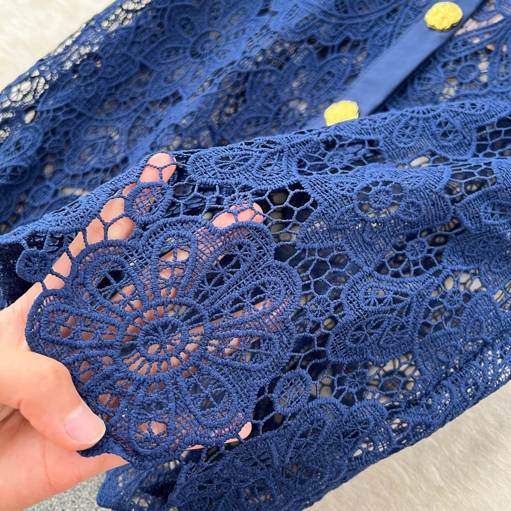 Wholesale 2023 Summer New High Grade Lace Contrast Doll Neck Elegant Temperament Slim Women's Dress