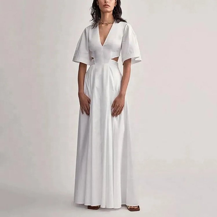 Custom Ladies Summer Clothing V Neck Casual Dresses Show Back Waist Pure White Maxi Long Pleated Elegant Gentle Women's Dress