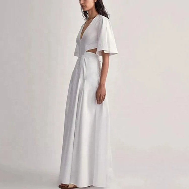 Custom Ladies Summer Clothing V Neck Casual Dresses Show Back Waist Pure White Maxi Long Pleated Elegant Gentle Women's Dress