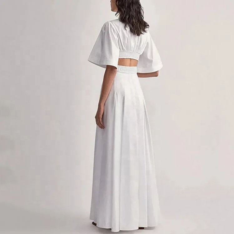 Custom Ladies Summer Clothing V Neck Casual Dresses Show Back Waist Pure White Maxi Long Pleated Elegant Gentle Women's Dress