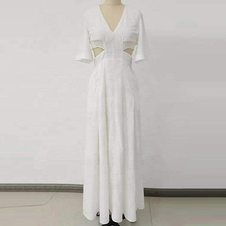 Custom Ladies Summer Clothing V Neck Casual Dresses Show Back Waist Pure White Maxi Long Pleated Elegant Gentle Women's Dress