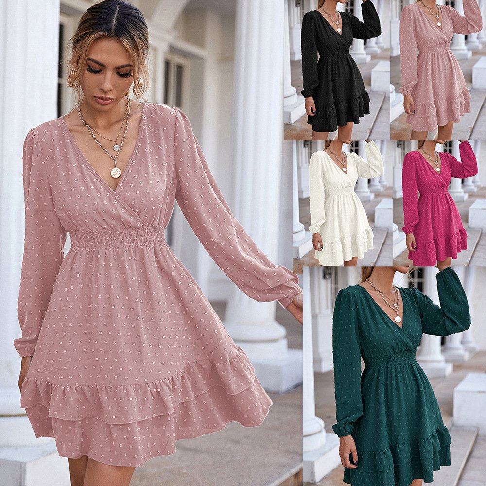 2022 Spring New Style Long Sleeves Midi Dress Ruffled Slim Fit V-neck Casual Dress Designs For Women