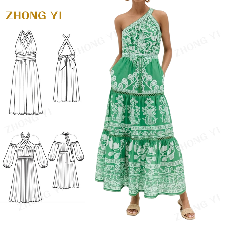 Summer Clothing One Shoulder Tiered Design Drawstring Waist Casual Dress Elegant Gentle Women'S Fashion Dress