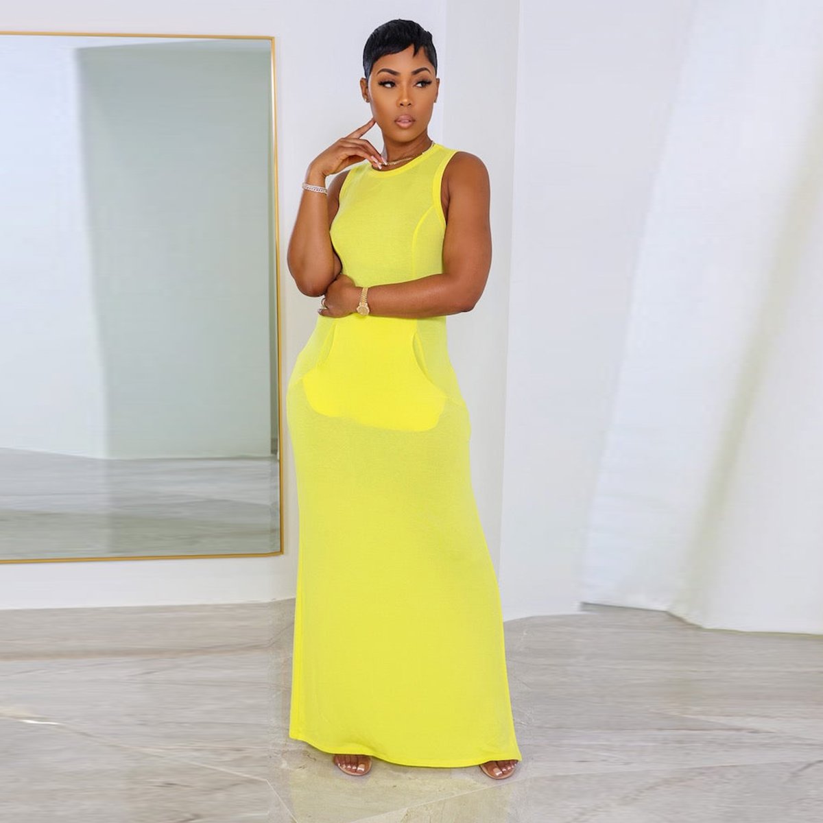 Casual sexy summer sleeveless floor-length long bodycon dress with pocket