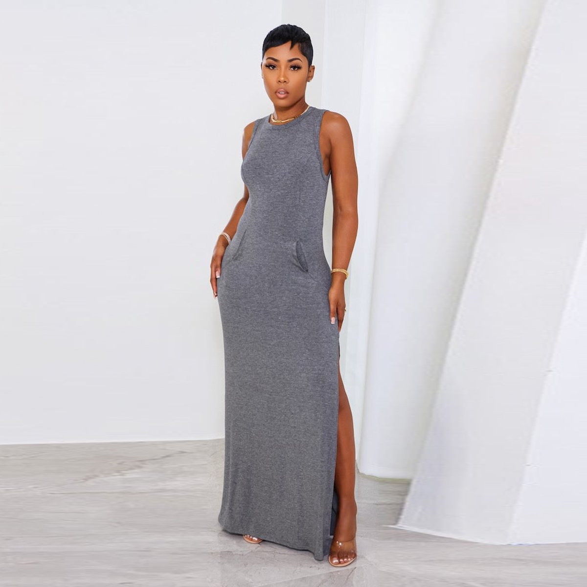 Casual sexy summer sleeveless floor-length long bodycon dress with pocket