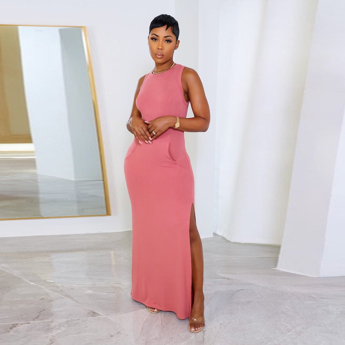 Casual sexy summer sleeveless floor-length long bodycon dress with pocket