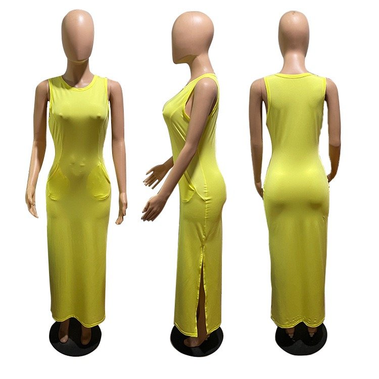 Casual sexy summer sleeveless floor-length long bodycon dress with pocket