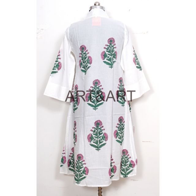 Indian Voile Cotton Hand Block Print Dress Loose Print Luxury Wear Bridal Gown Deep V-Neck Party Wear Casual Dress