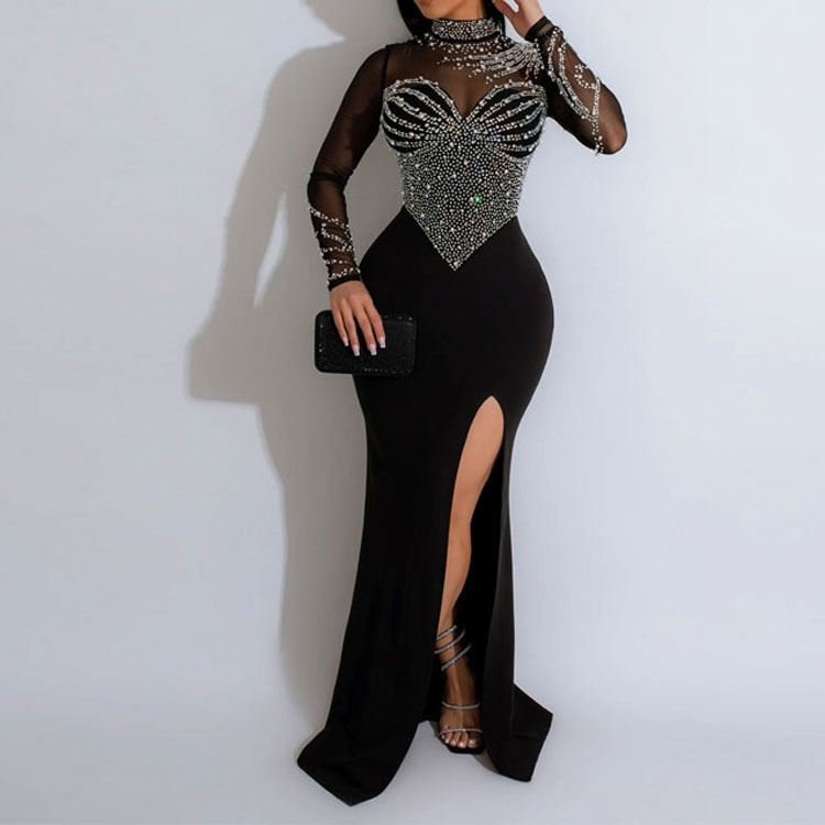 Chic Evening Dresses 2024 Women's Hot Diamond Standing Neck Pearl Perspective Waist Wrap Hip Elastic Split Dress