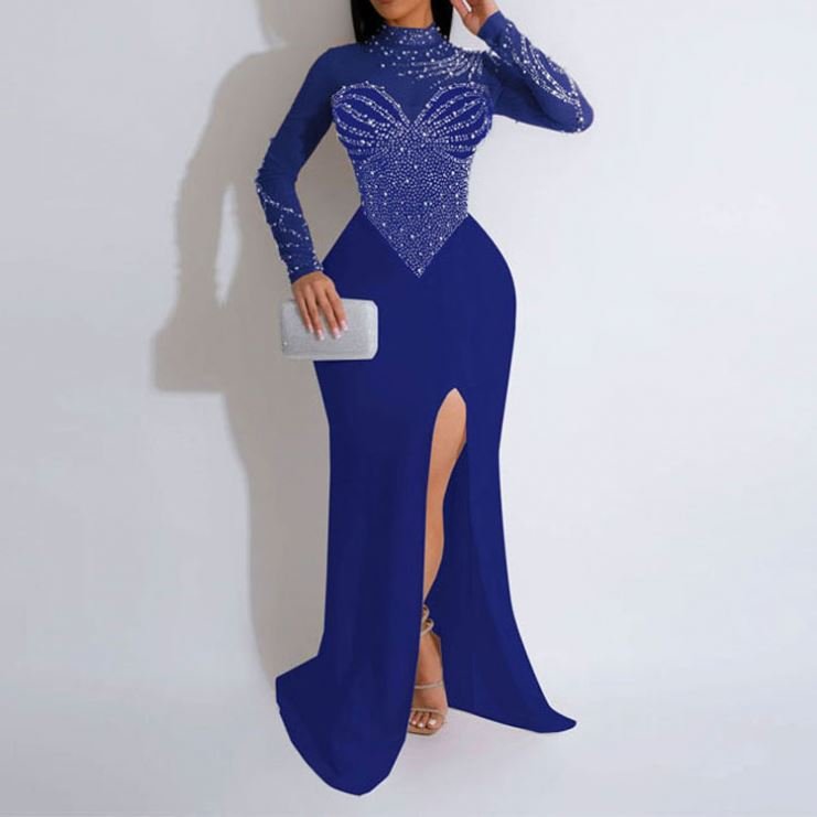 Chic Evening Dresses 2024 Women's Hot Diamond Standing Neck Pearl Perspective Waist Wrap Hip Elastic Split Dress