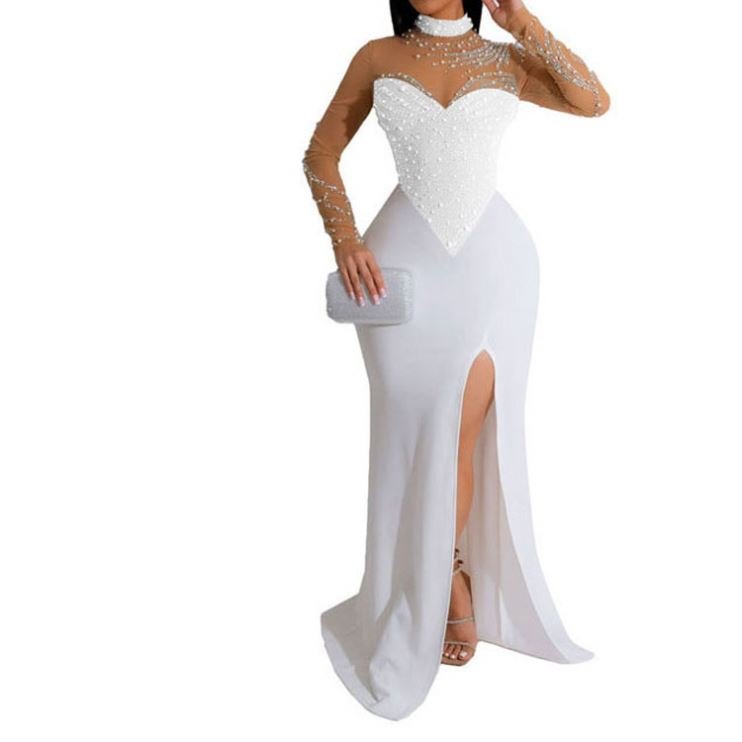 Chic Evening Dresses 2024 Women's Hot Diamond Standing Neck Pearl Perspective Waist Wrap Hip Elastic Split Dress