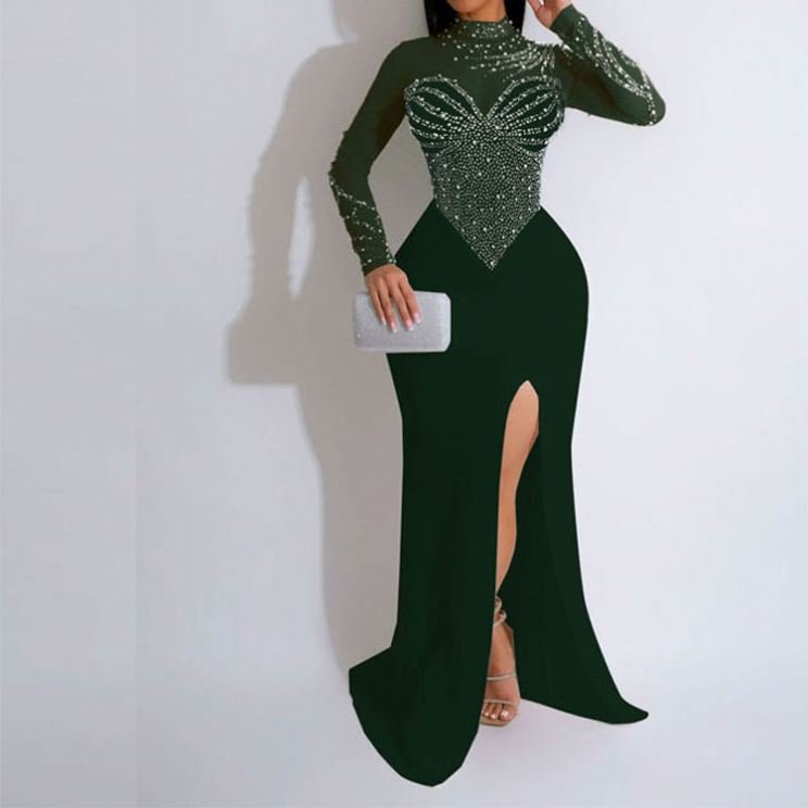 Chic Evening Dresses 2024 Women's Hot Diamond Standing Neck Pearl Perspective Waist Wrap Hip Elastic Split Dress