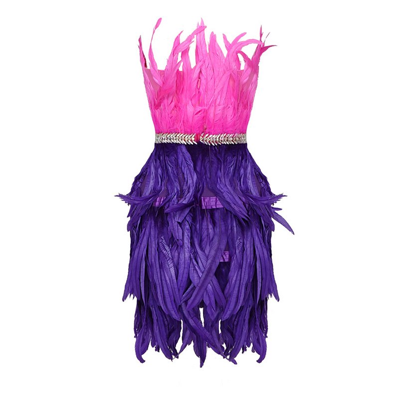 A6838 European And American Style Women Mini Dress Contrast Color Feather Luxury Evening Birthday Outfit Festival Clothing